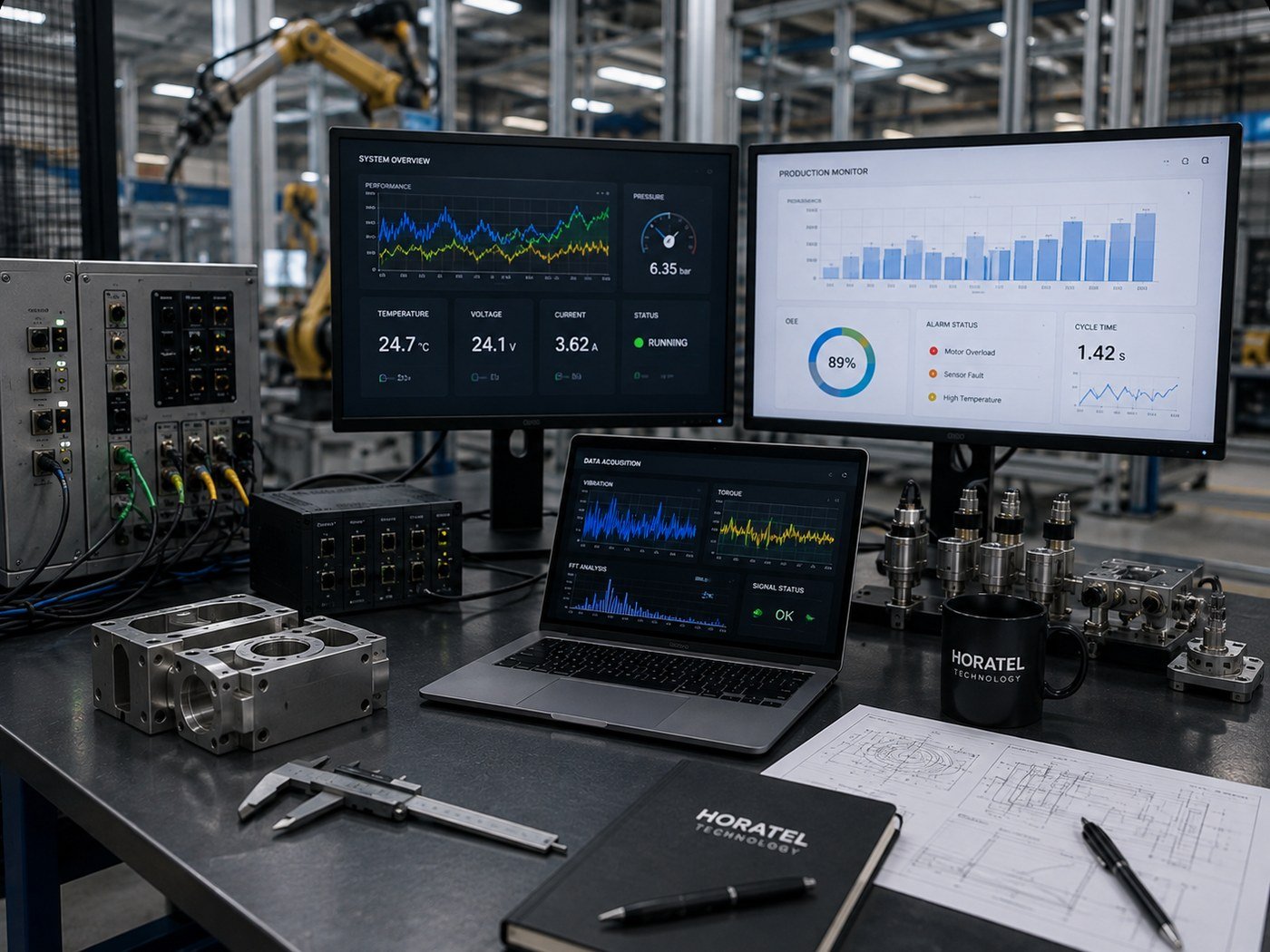 Postazione di collaudo HORATEL Technology con monitor di monitoraggio, laptop per acquisizione dati e strumenti di misura