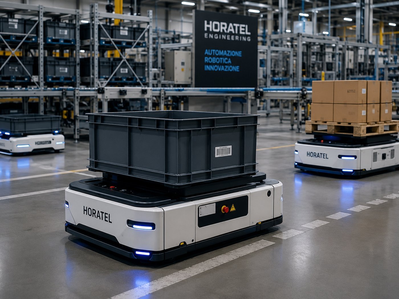Robot mobili AGV che trasportano container e pallet in un magazzino automatizzato